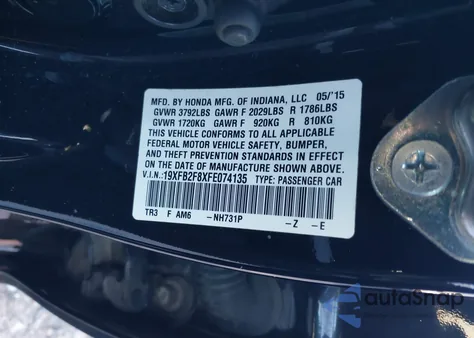 2015 Honda Civic Ex from USA, damaged, VIN 19XFB2F8XFE074135